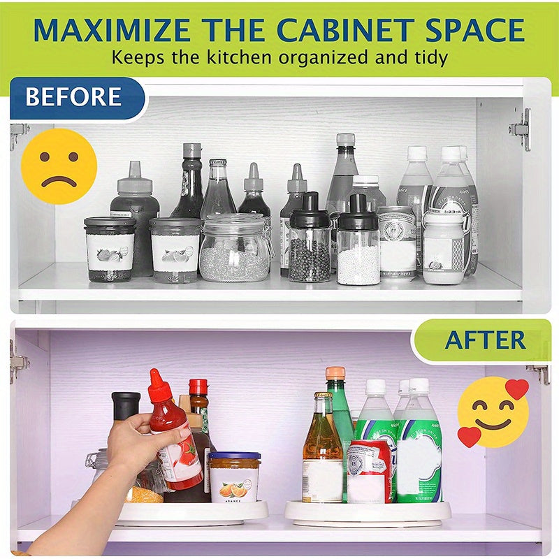 Rotating Kitchen Organizer White Plastic Turntable with Non-Slip Mat for Spices and Snacks