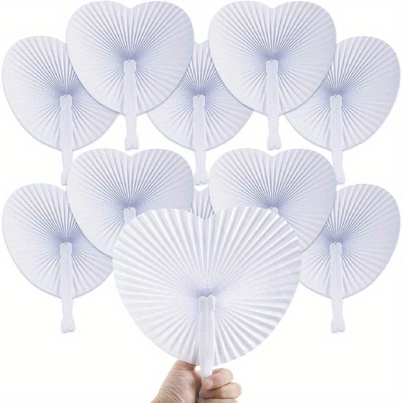 Set of 10 Vibrant Heart-Shaped Folding Handheld Paper Fans with Silvery Handles for Parties and Gifts