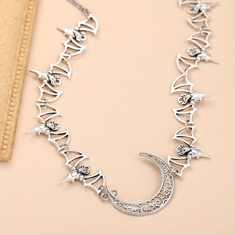 Stainless Steel Crescent Moon Bat Choker Necklace Punk Style for Women