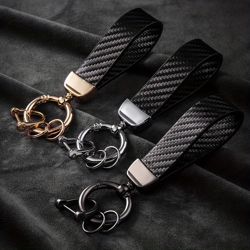 Unisex Carbon Fiber PU Leather Keychain with Mesh Rope & Car Remote Pendant