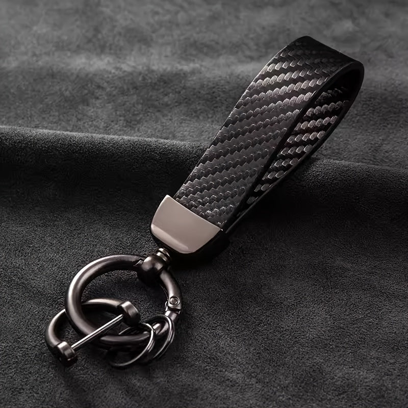 Unisex Carbon Fiber PU Leather Keychain with Mesh Rope & Car Remote Pendant