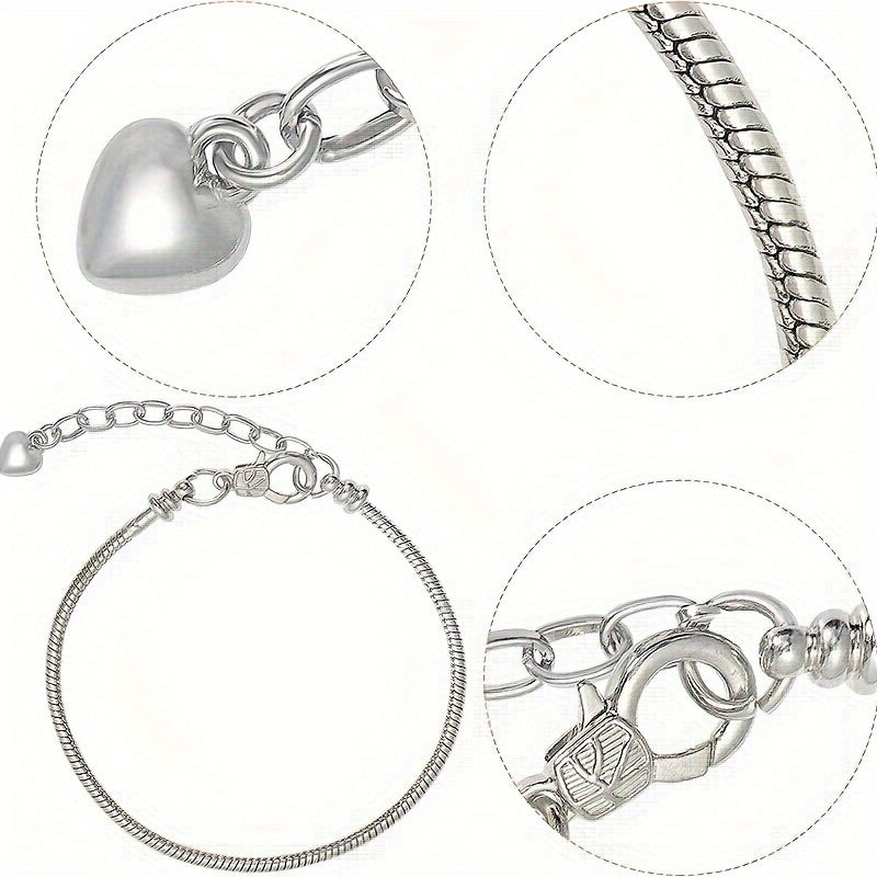 10 Pieces Silver Plated Copper Snake Chain Bracelets with Heart Charms and Lobster Clasps for DIY Jewelry Making