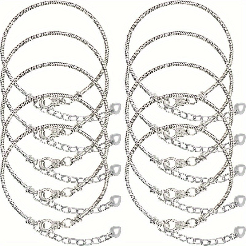 10 Pieces Silver Plated Copper Snake Chain Bracelets with Heart Charms and Lobster Clasps for DIY Jewelry Making
