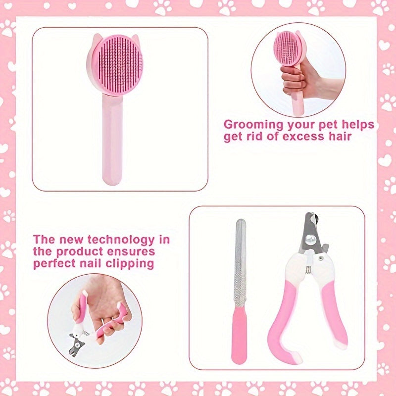 8-Piece Cat Grooming Kit with Self-Cleaning Brush Nail Clippers Combs Toothbrush Pink Silicone