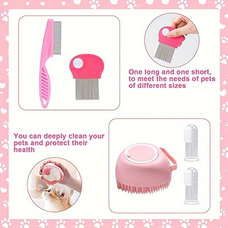 8-Piece Cat Grooming Kit with Self-Cleaning Brush Nail Clippers Combs Toothbrush Pink Silicone