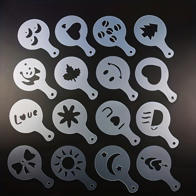 16 Piece Stainless Steel Latte Art Stencils Set with Powder Shaker for Coffee and Hot Chocolate