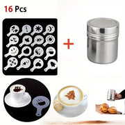 16 Piece Stainless Steel Latte Art Stencils Set with Powder Shaker for Coffee and Hot Chocolate
