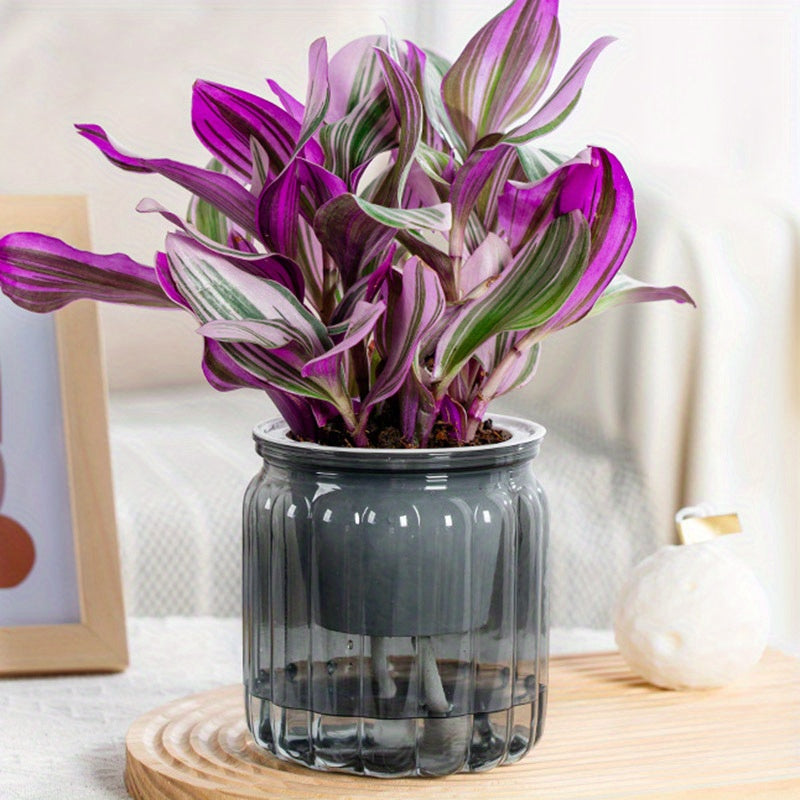 Juego de 4 macetas modernas de hidroponía con sistema de auto-riego y diseño a rayas para uso en interiores y exteriores