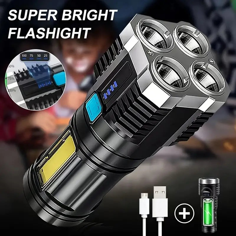 USB Rechargeable LED Flashlight with COB Side Light 4 Modes Durable ABS for Camping and Home