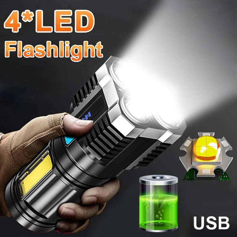 USB Rechargeable LED Flashlight with COB Side Light 4 Modes Durable ABS for Camping and Home