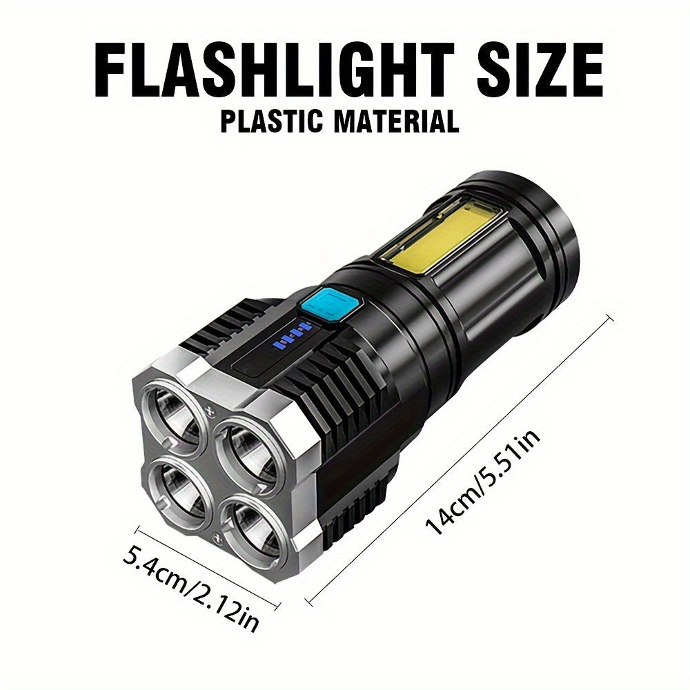 USB Rechargeable LED Flashlight with COB Side Light 4 Modes Durable ABS for Camping and Home