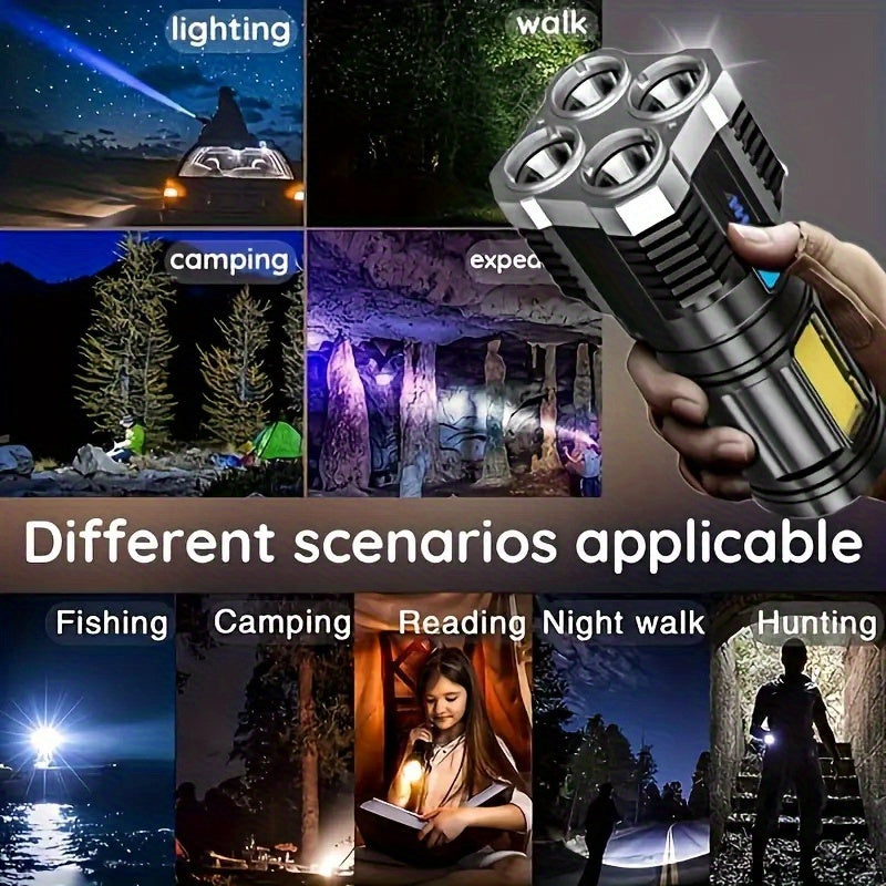 USB Rechargeable LED Flashlight with COB Side Light 4 Modes Durable ABS for Camping and Home