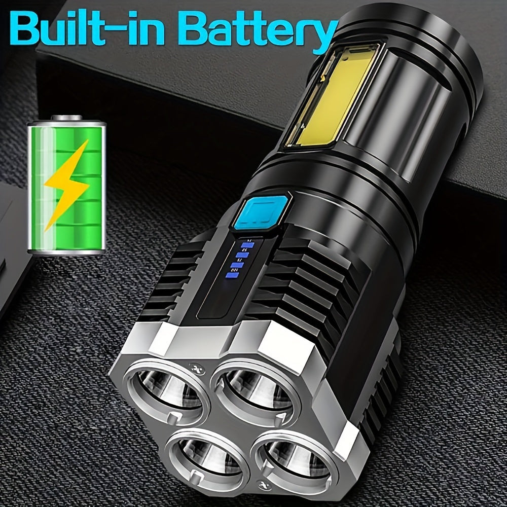 USB Rechargeable LED Flashlight with COB Side Light 4 Modes Durable ABS for Camping and Home