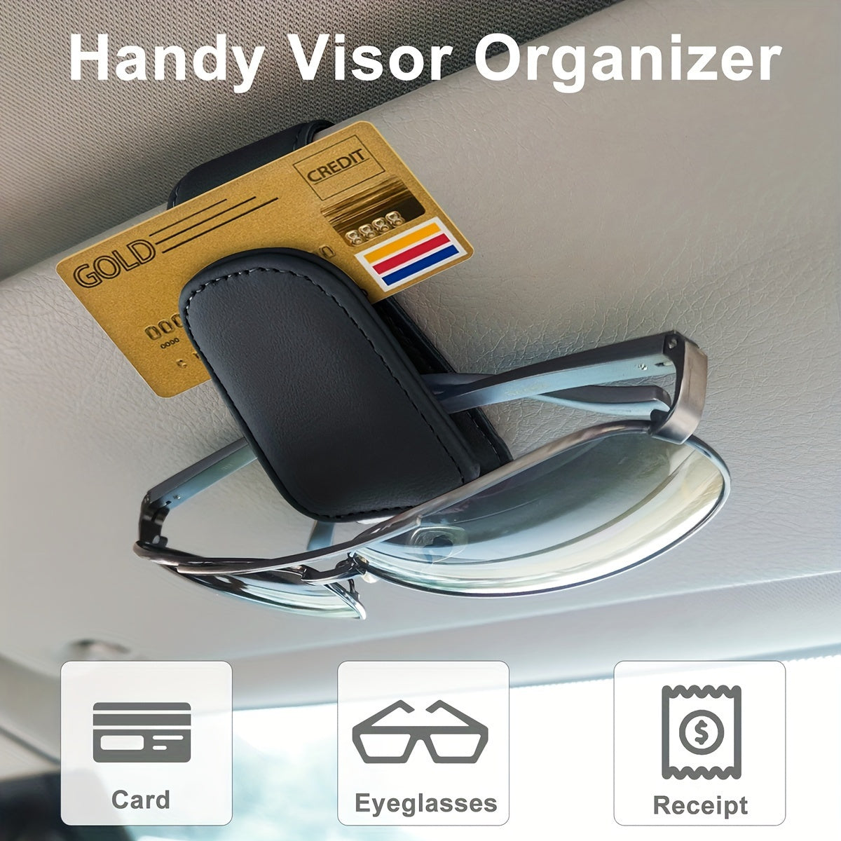 Universal Car Sun Visor Glasses Holder Faux Leather Eyeglass Clip with Card Slot