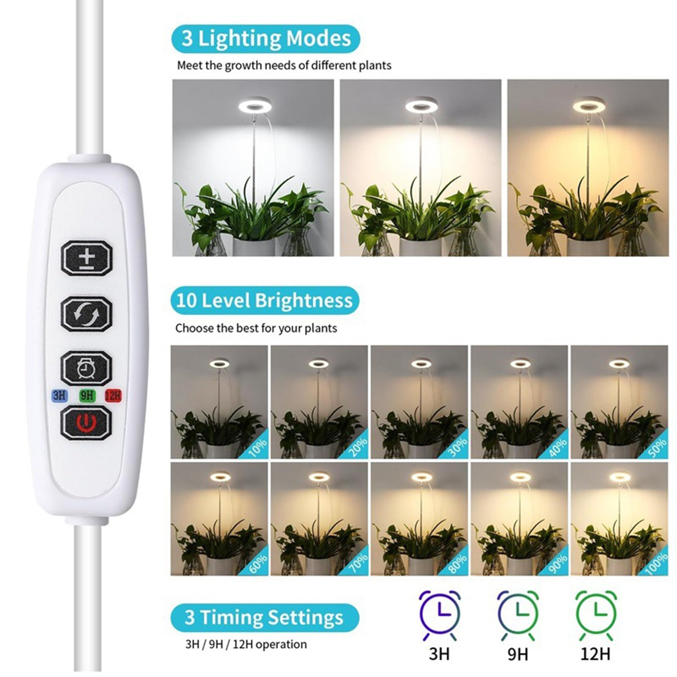 Adjustable Full Spectrum LED Plant Grow Light with Timer and USB Power for Indoor Plants