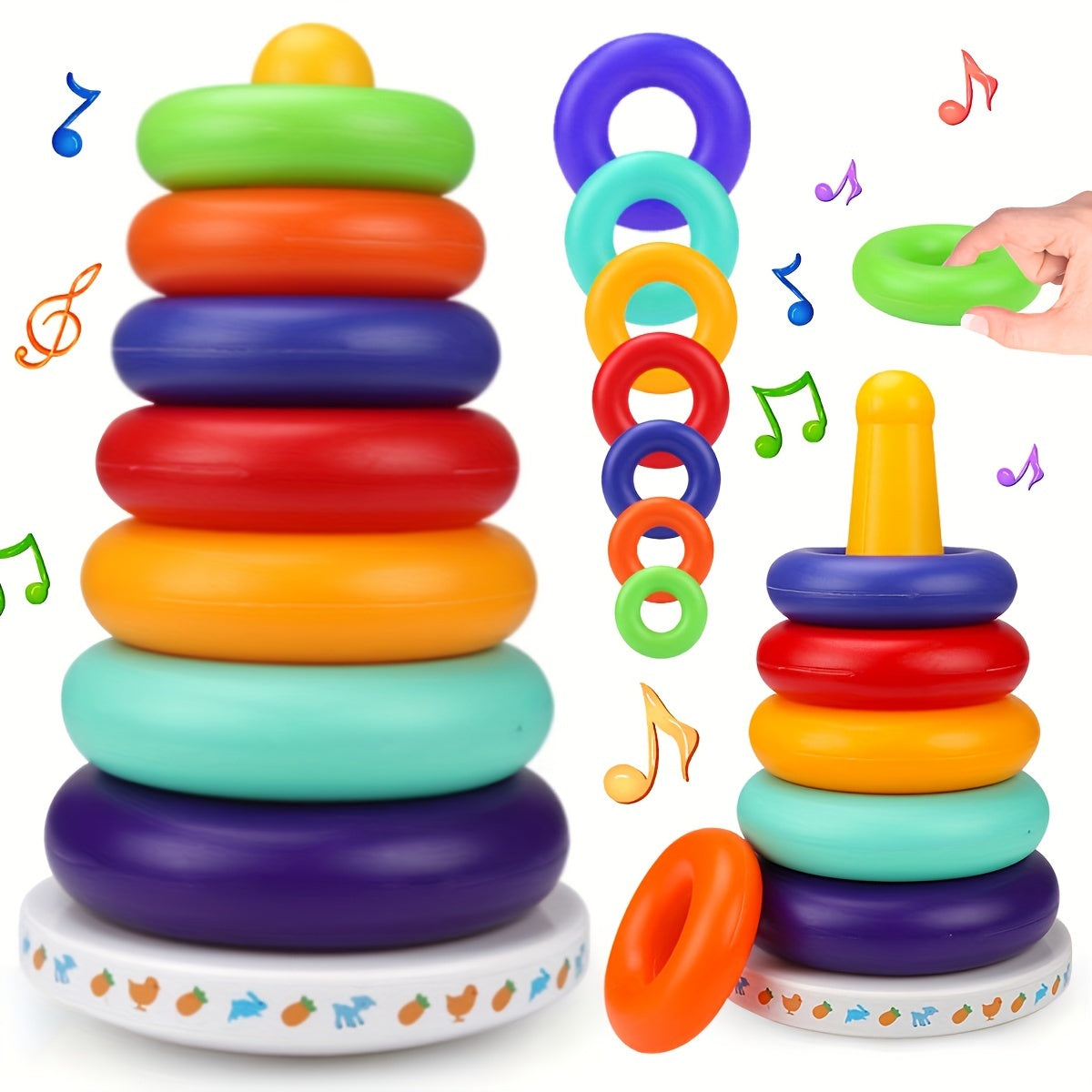 Juguete apilable arcoíris para niños en edad preescolar 6 anillos bloques coloridos regalo educativo musical