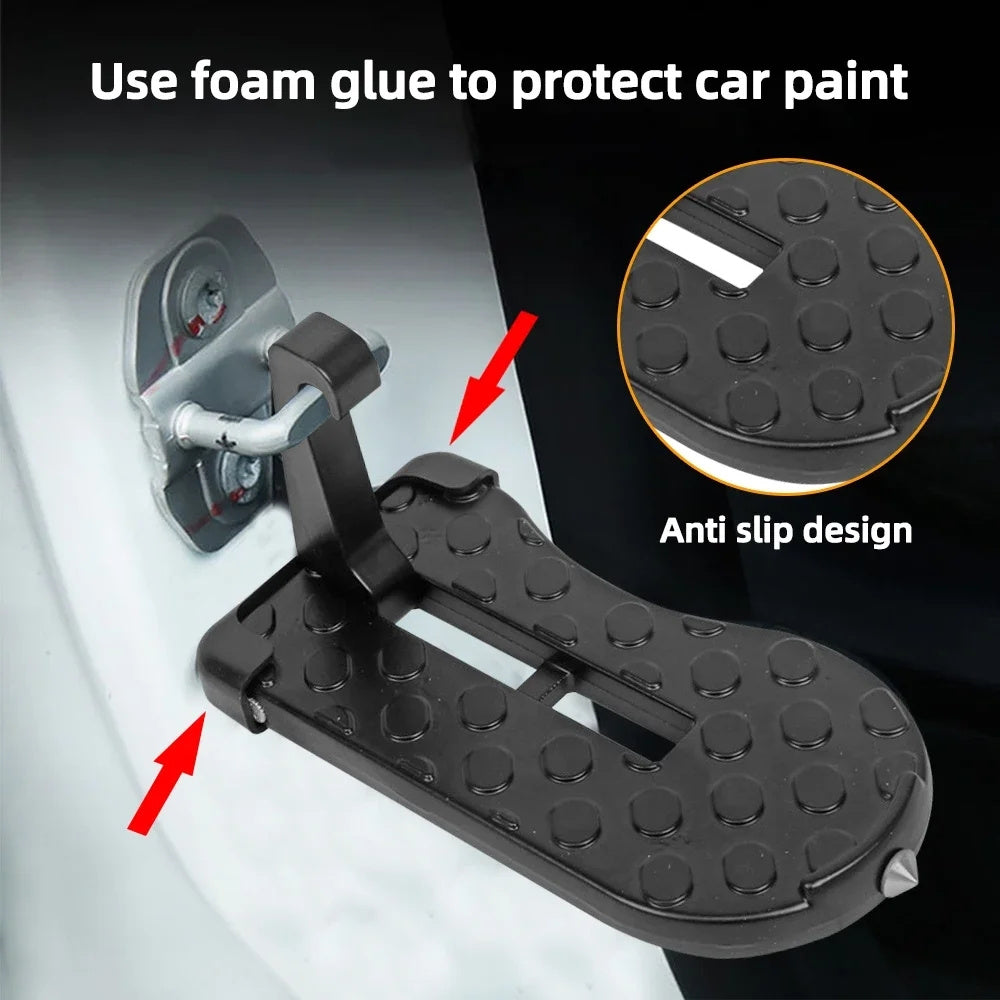 Foldable Aluminum Car Door Step with Safety Hammer and Anti-Skid Wheel Multi-Functional Roof Rack Hook