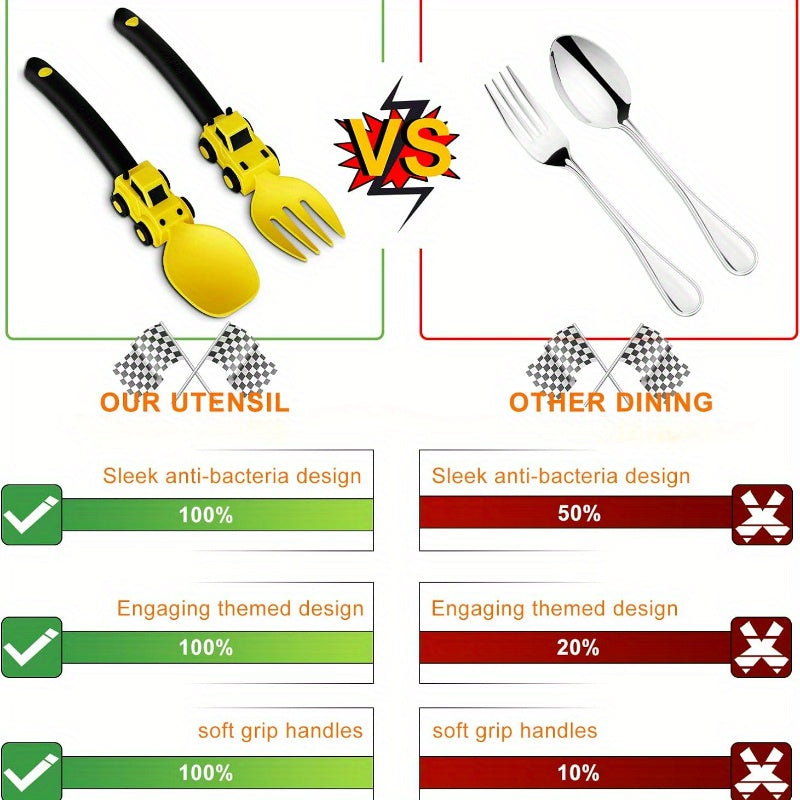 Juego de utensilios con tema de vehículo de ingeniería para niños con tenedor y cuchara, material PP libre de BPA, apto para lavavajillas, con caja de almacenamiento