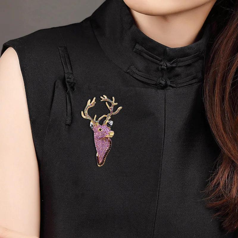 Ayollarlar uchun vintage kristalli kiyik boshli brosh aksessuari, zargarlik buyumlari sovg‘a