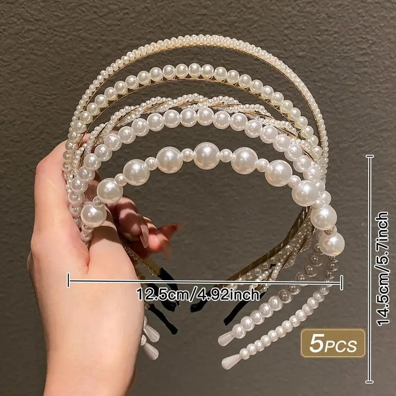 Women’s 5-Piece Headband Set Sparkling Rhinestones Pearl Hairbands Durable Plastic