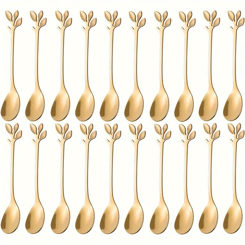 Set of 20 Stainless Steel Leaf Spoons with Gold Finish for Coffee Tea Desserts