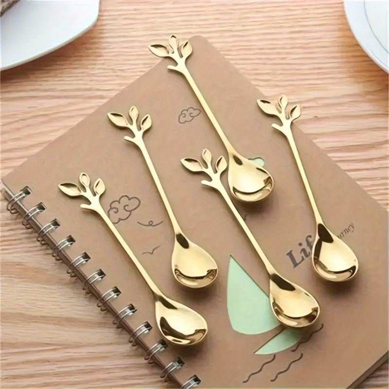 Set of 20 Stainless Steel Leaf Spoons with Gold Finish for Coffee Tea Desserts
