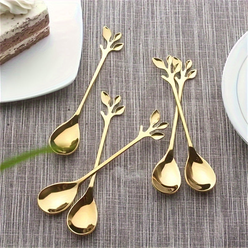 Set of 20 Stainless Steel Leaf Spoons with Gold Finish for Coffee Tea Desserts