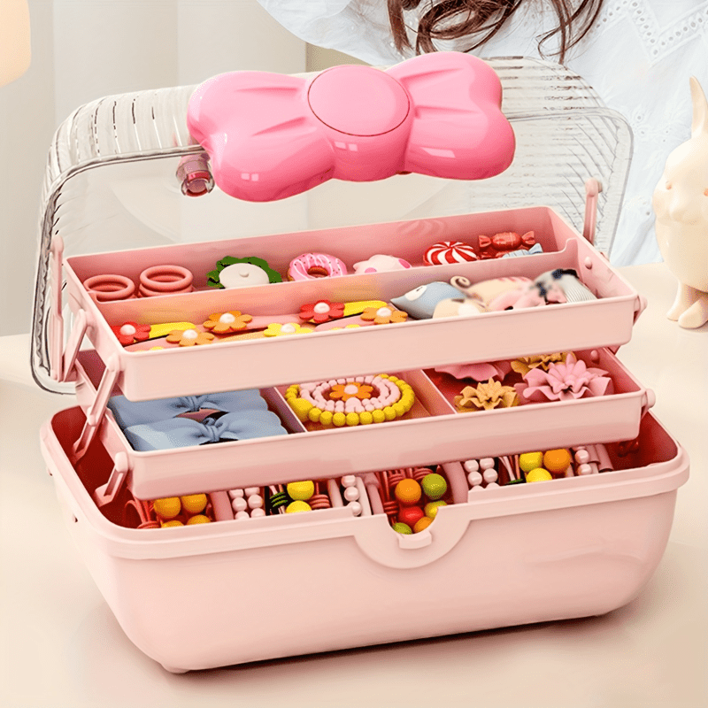 Pink Multi-Layer Storage Box with Bow for Jewelry Cosmetics and Toys