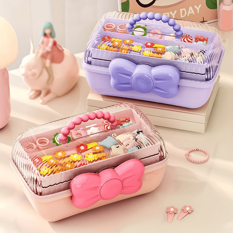 Pink Multi-Layer Storage Box with Bow for Jewelry Cosmetics and Toys