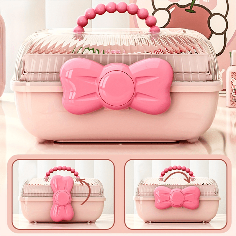 Розовая многоуровневая коробка для хранения с бантом для украшений, косметики и игрушек