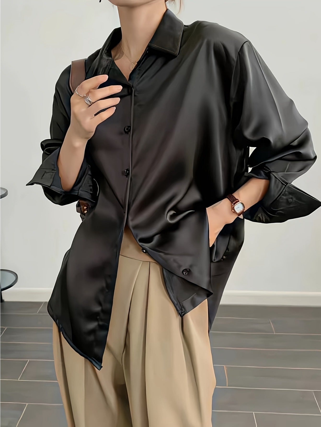 Plus Size Solid Polyester Blouse with Long Sleeves and Button Details