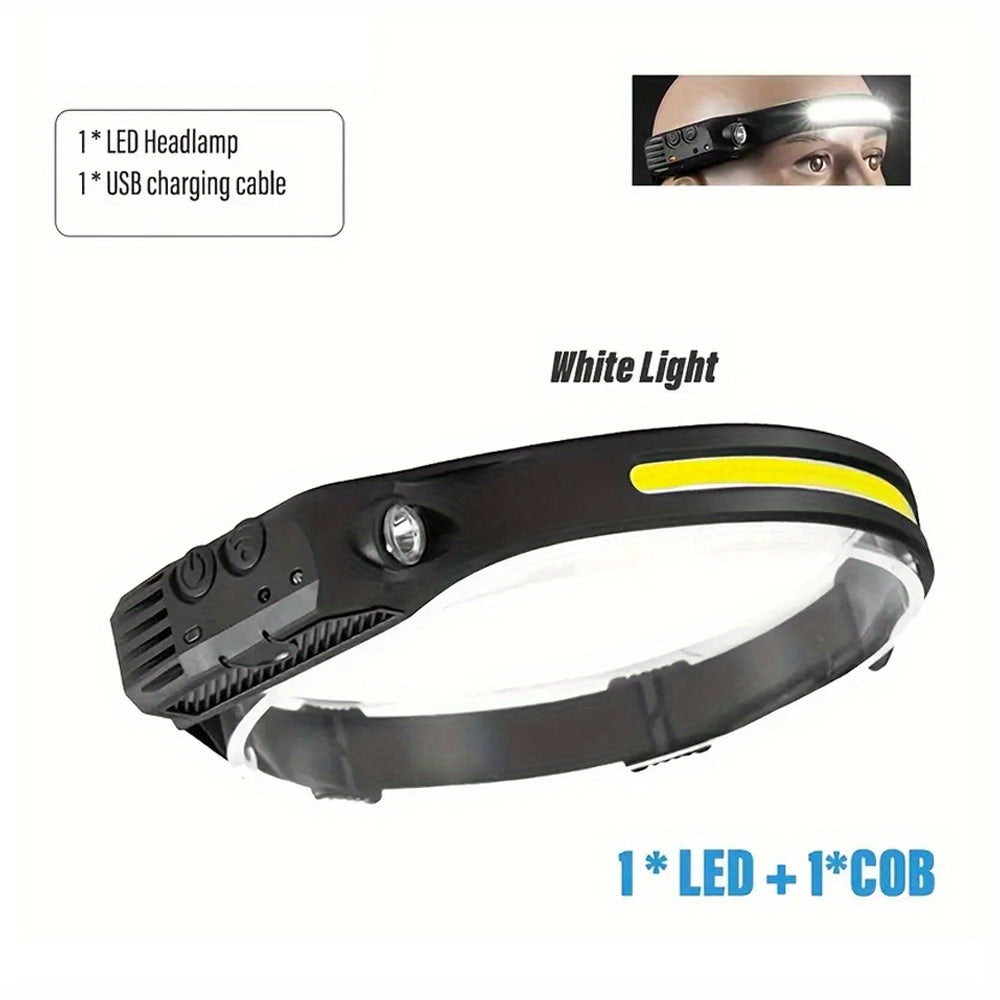 USB Rechargeable Headlamp with LED COB Lights Waterproof Motion Sensor for Outdoor Activities