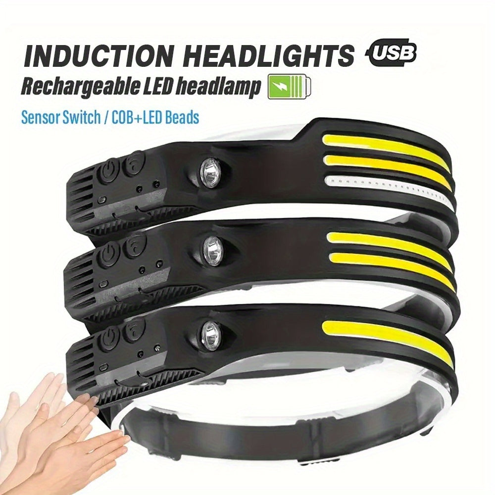 USB Rechargeable Headlamp with LED COB Lights Waterproof Motion Sensor for Outdoor Activities
