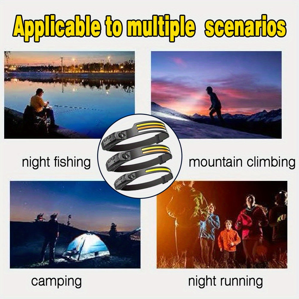 USB Rechargeable Headlamp with LED COB Lights Waterproof Motion Sensor for Outdoor Activities