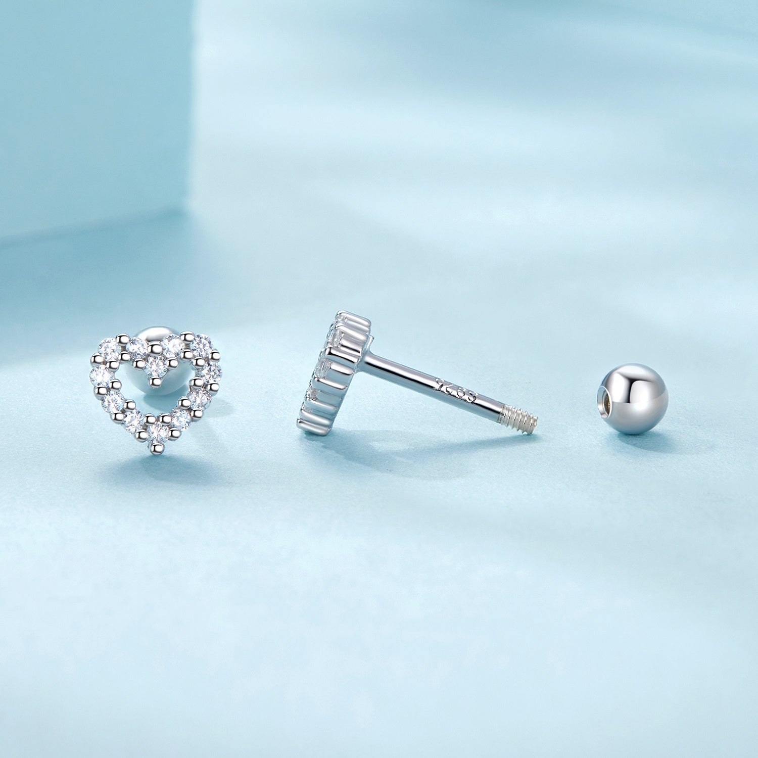 Sterling Silver Heart-Shaped Stud Earrings with Cubic Zirconia for Women