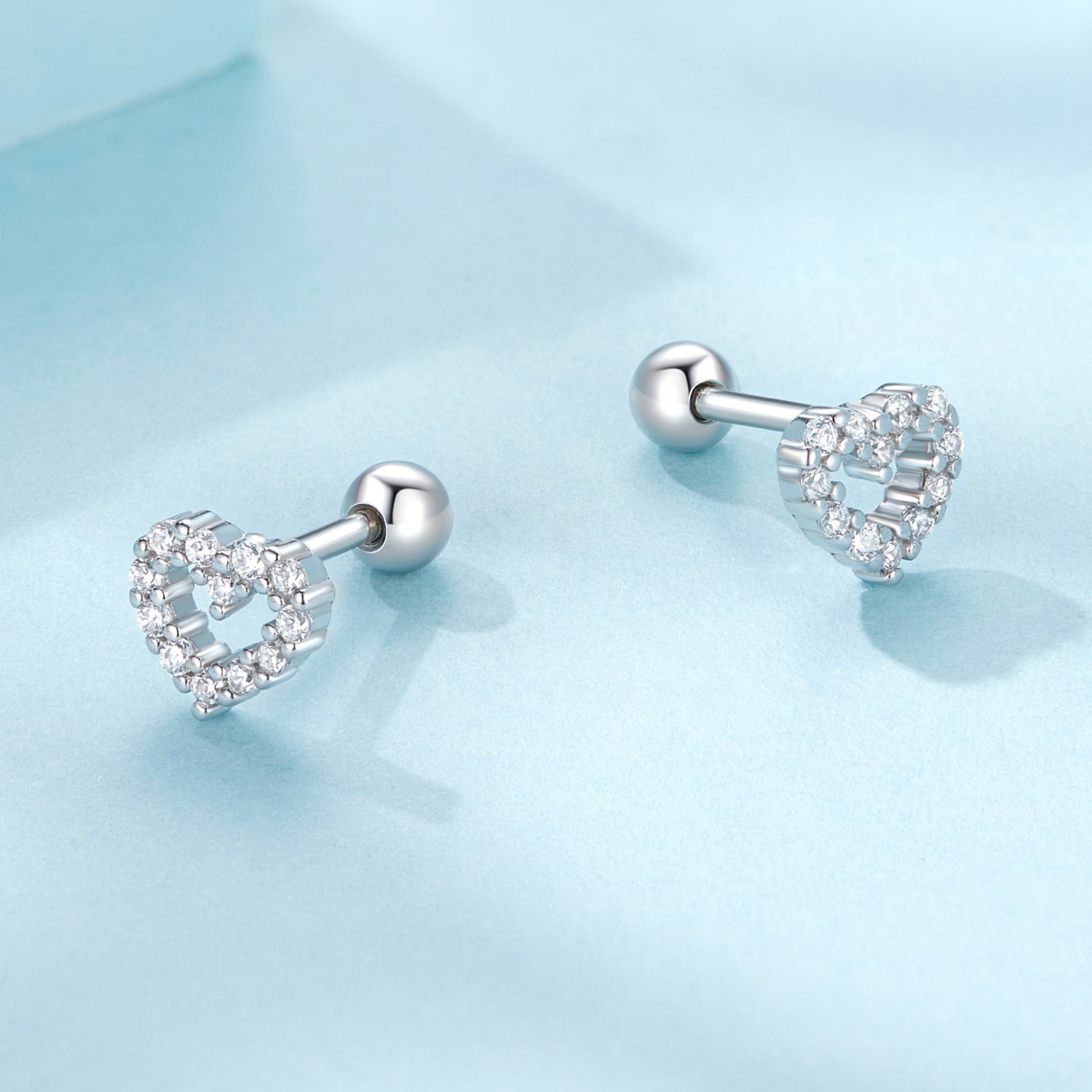 Sterling Silver Heart-Shaped Stud Earrings with Cubic Zirconia for Women