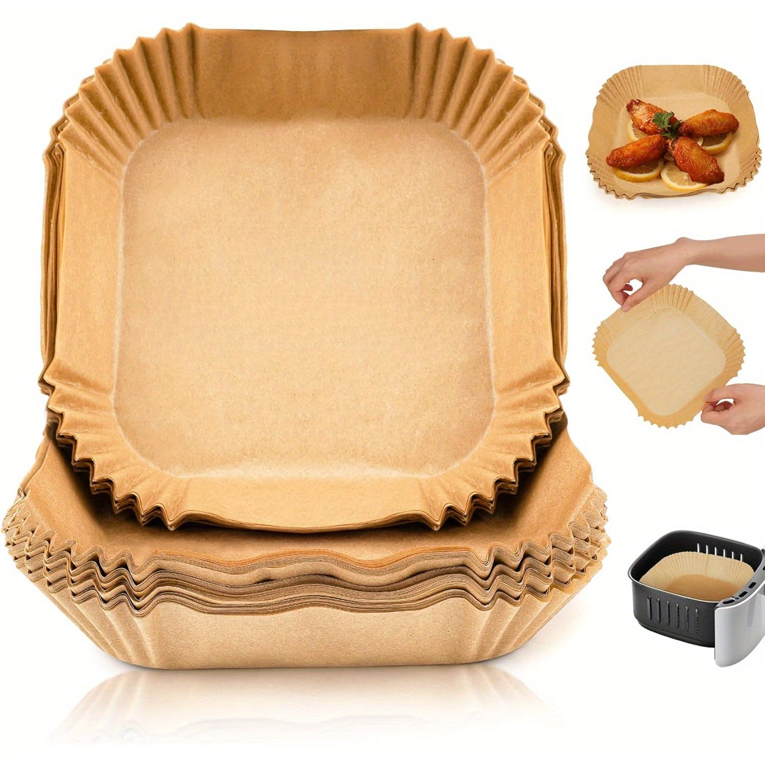 Brown Kraft Paper Liners for Air Fryers 8 Inch Square Leakproof Oilproof