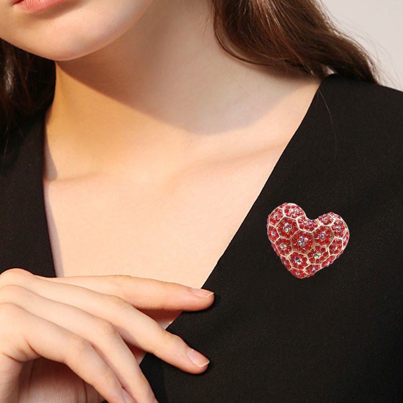 Women's Red Rhinestone Heart Brooch for Formal Events and Parties