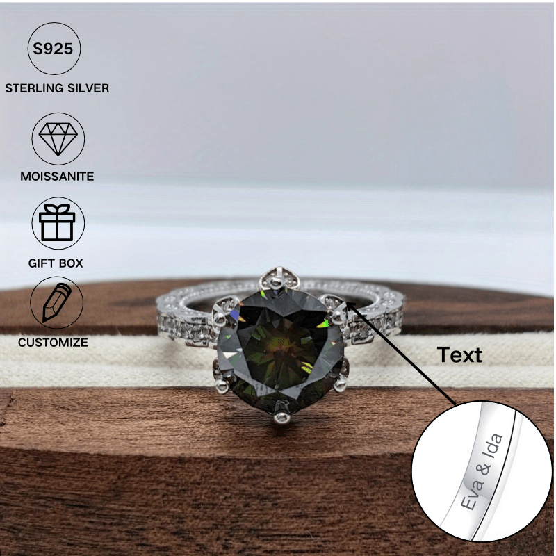 Sterling Silver Ring with Green Moissanite 5 Ct Round Cut Flower Design Custom Engraving