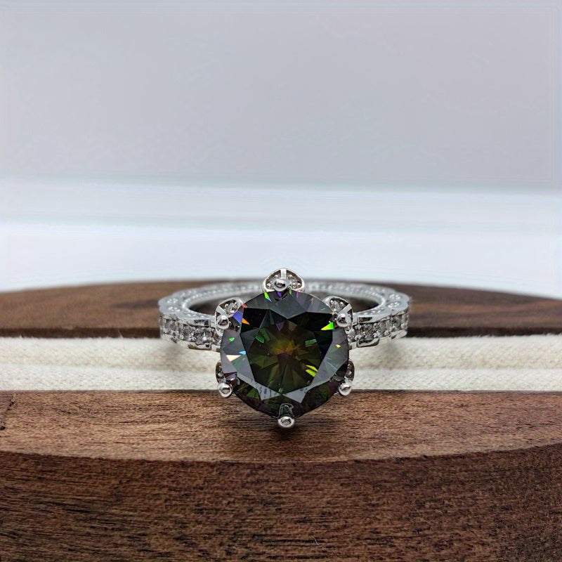 Sterling Silver Ring with Green Moissanite 5 Ct Round Cut Flower Design Custom Engraving