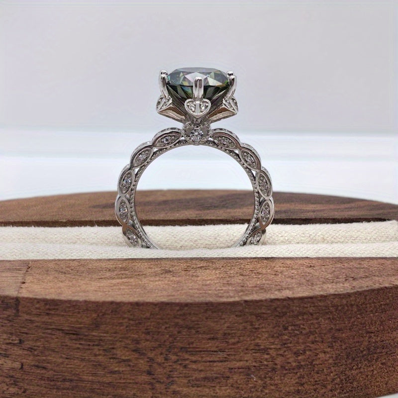 Sterling Silver Ring with Green Moissanite 5 Ct Round Cut Flower Design Custom Engraving