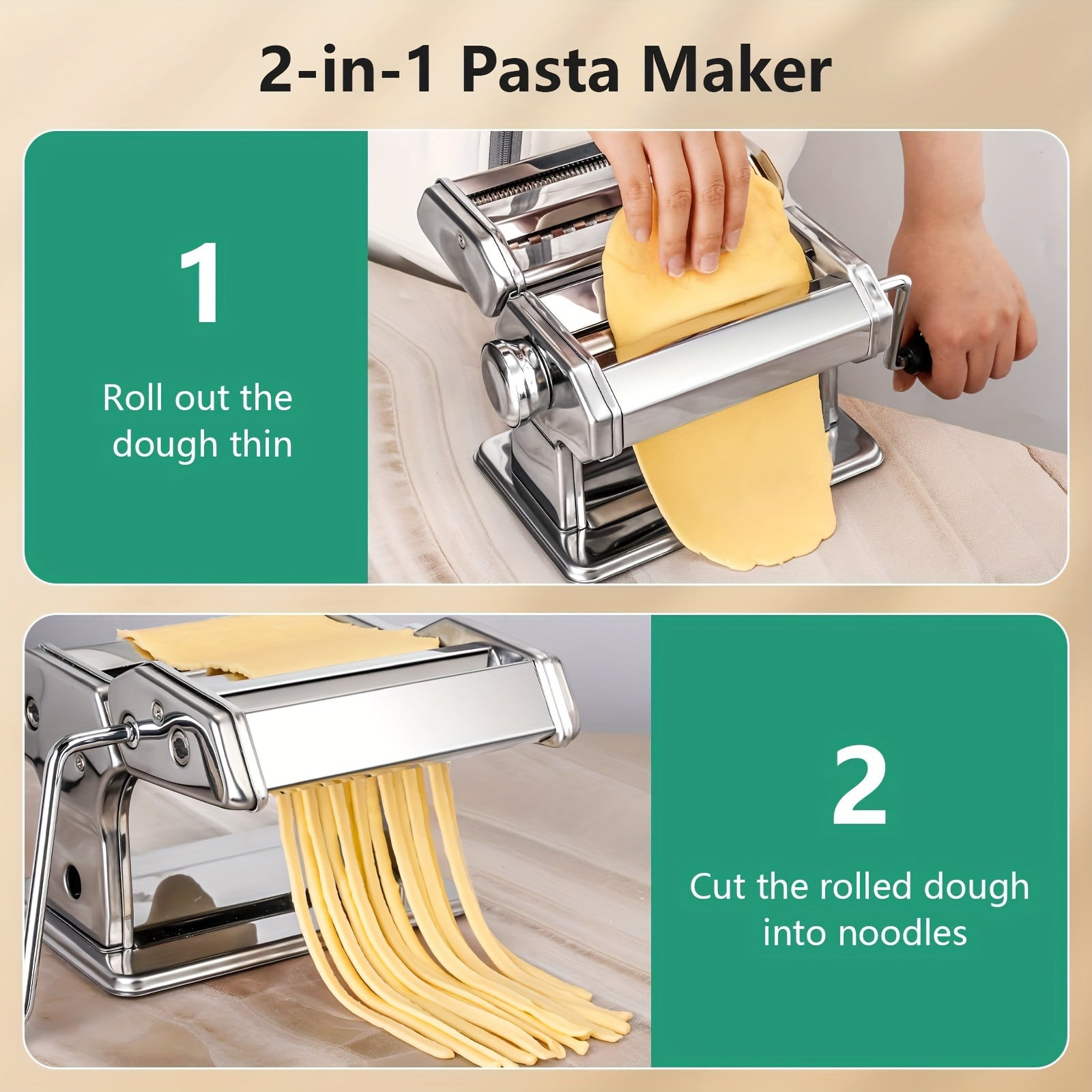 Adjustable Stainless Steel Pasta Maker with Dual-Width Noodle Cutter for Spaghetti and Fettuccine