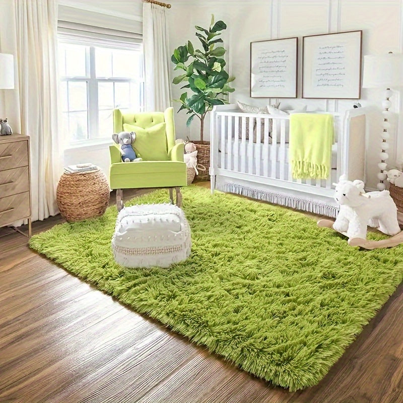 Green Plush Area Rug Non-Slip Stain-Resistant Polyester for Living Room Bedroom Kitchen