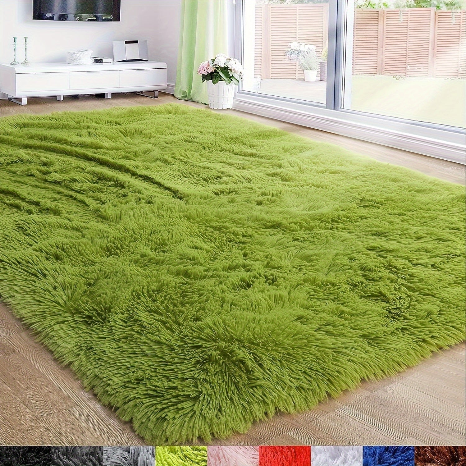 Green Plush Area Rug Non-Slip Stain-Resistant Polyester for Living Room Bedroom Kitchen