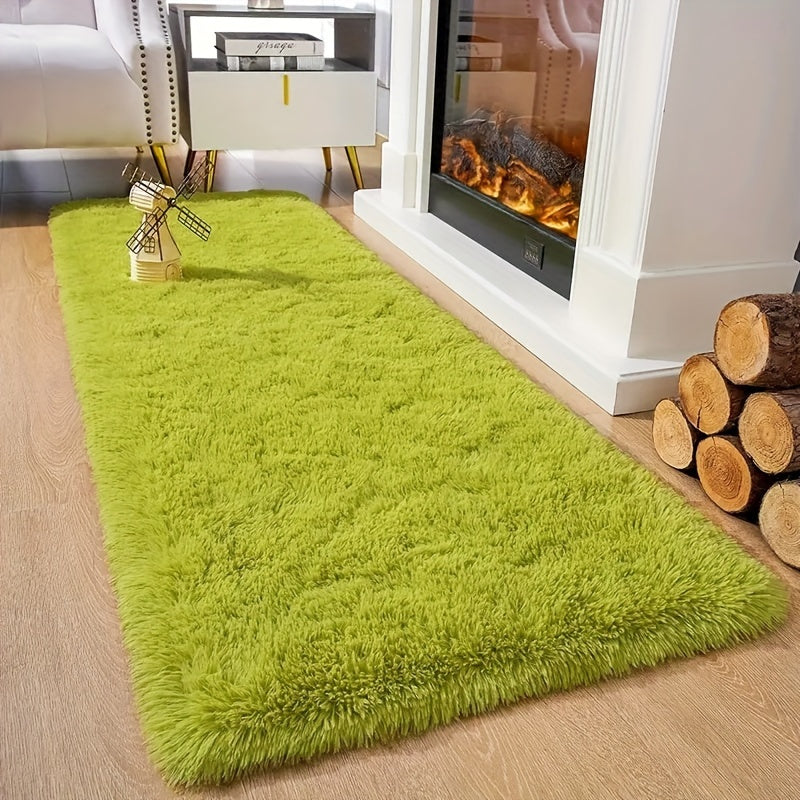 Green Polyester Plush Mat Non-Slip Stain Resistant Lightweight for Living Room Office