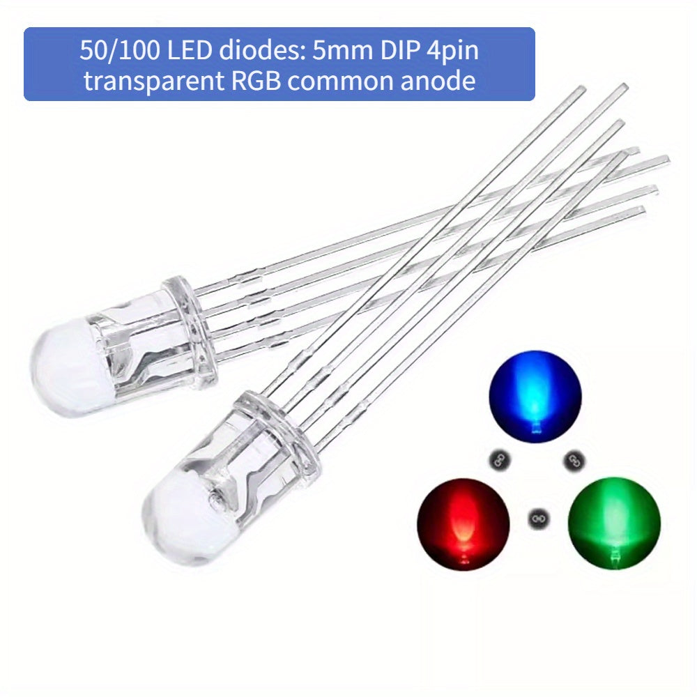 Paquete de 50/100 diodos LED RGB de 5mm, transparente, ánodo común, para circuitos y proyectos DIY