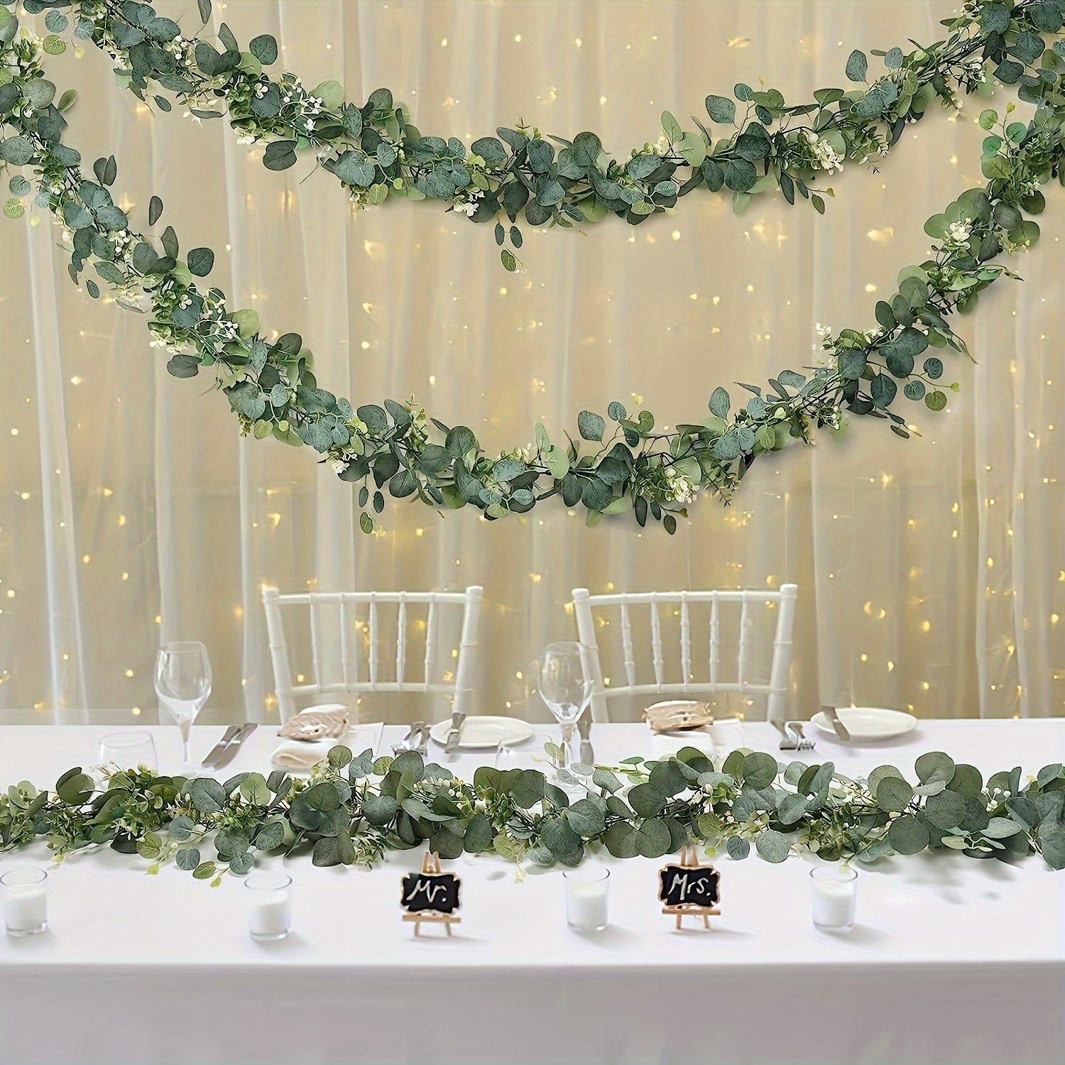 Enredadera de eucalipto artificial con flores blancas para bodas y decoración del hogar