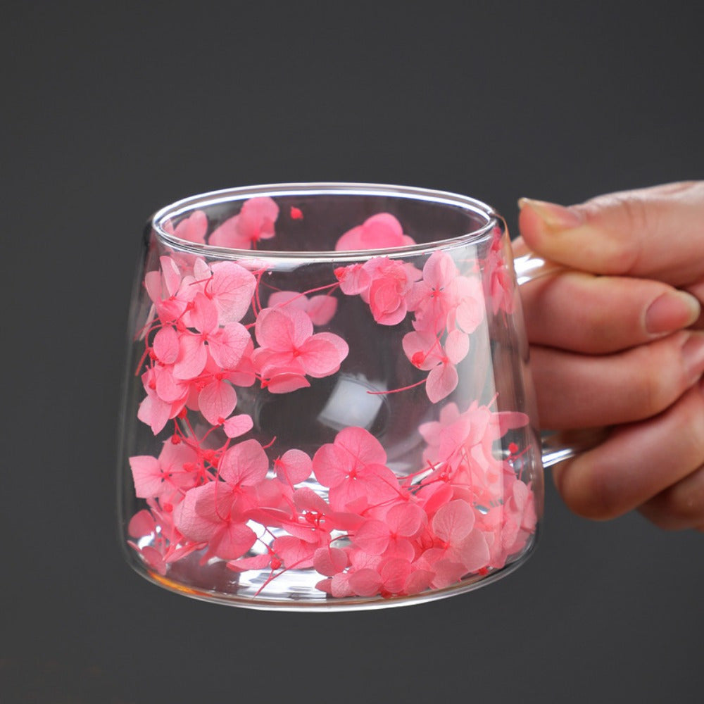 200ML Double Wall Insulated Glass Mug with Floral Pattern Handle Hot Cold Beverages