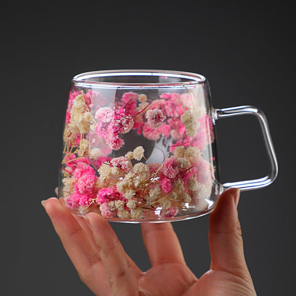 200ML Double Wall Insulated Glass Mug with Floral Pattern Handle Hot Cold Beverages