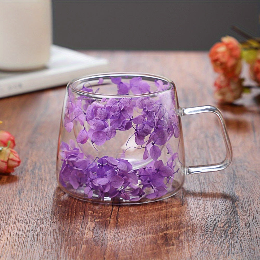 200ML Double Wall Insulated Glass Mug with Floral Pattern Handle Hot Cold Beverages